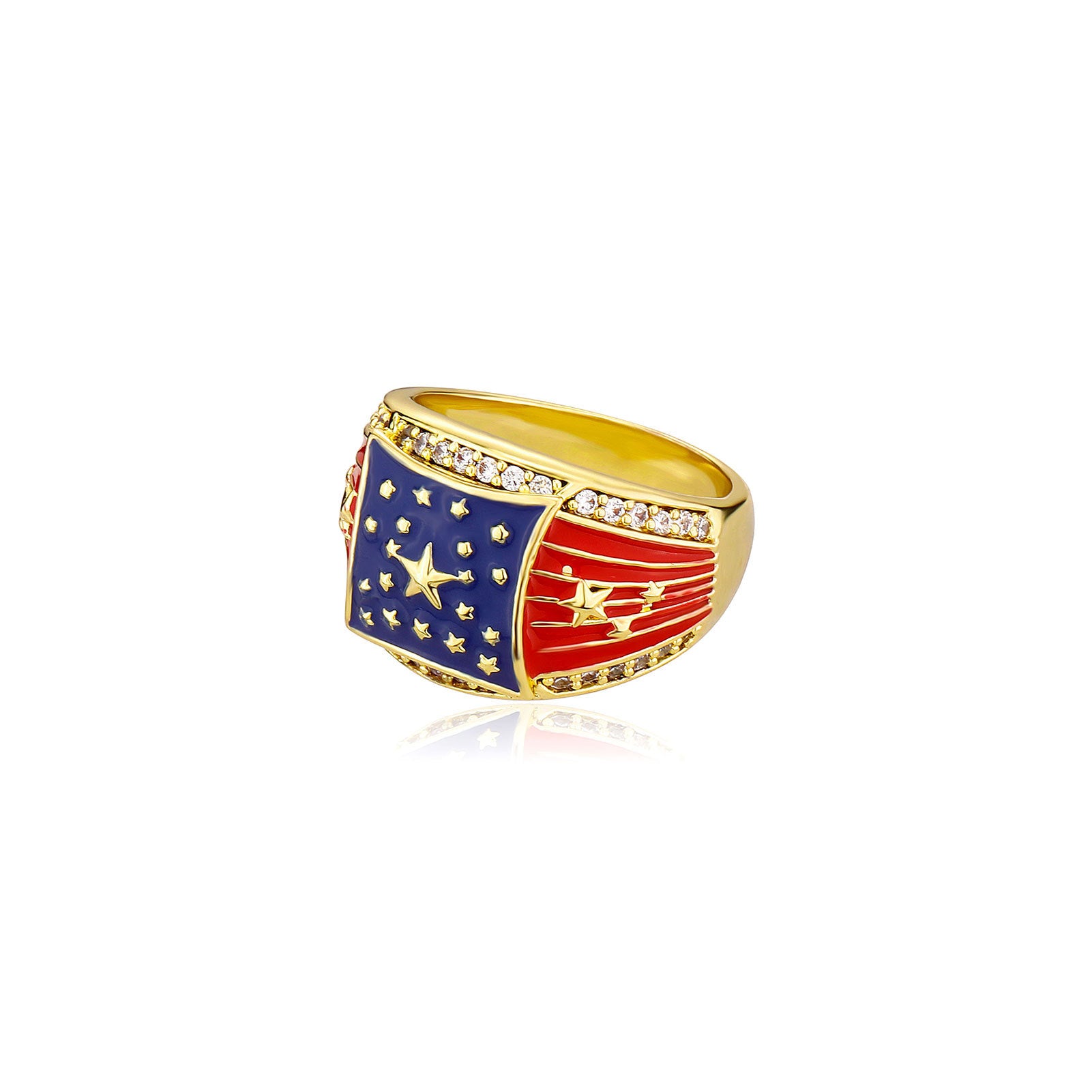 Chunky Gold Plated USA Flag Rhinestones Wide Ring 8ZA6JRG205T