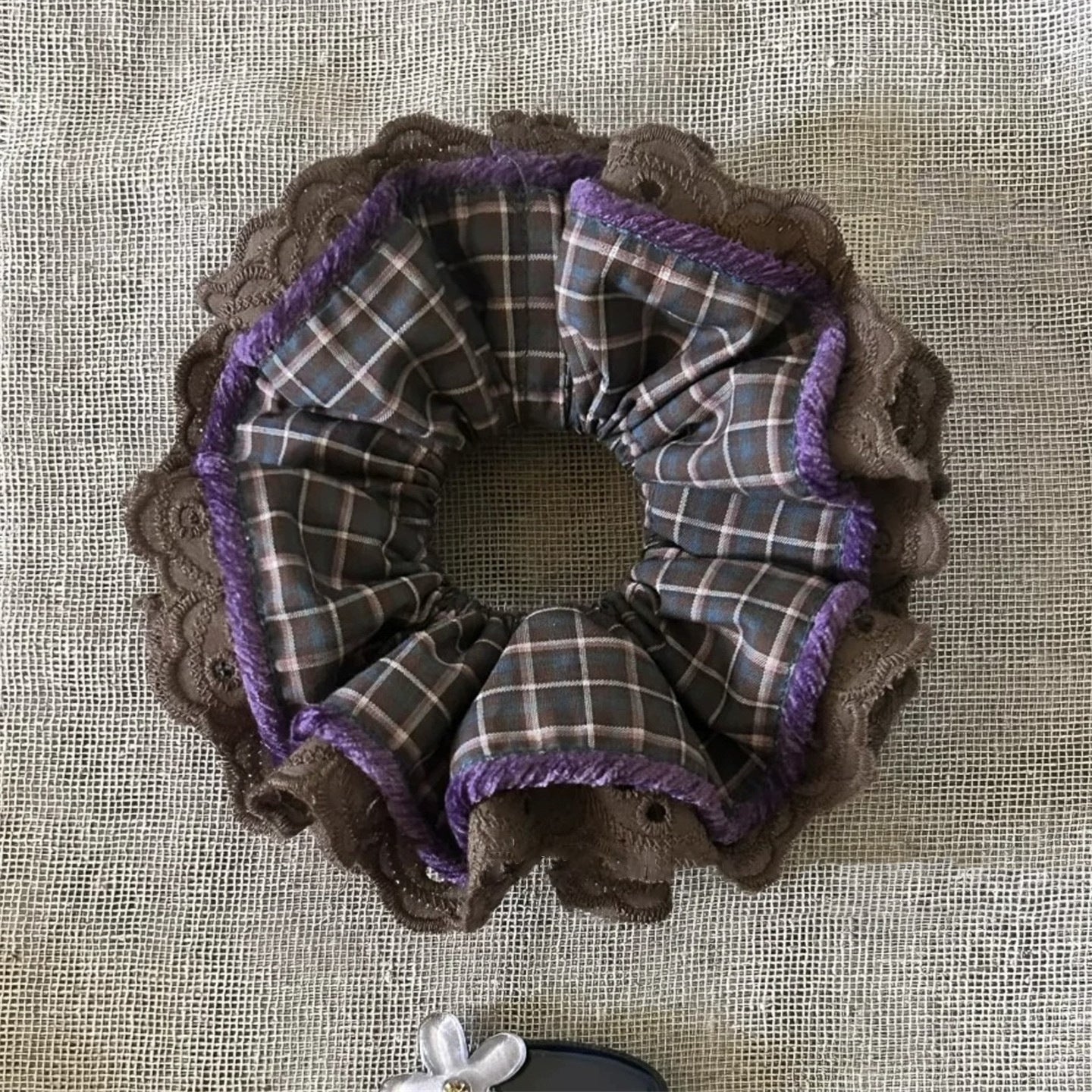 Purple Brown Plaid Lace Hair Scrunchie MK2BLW6W6HSR15