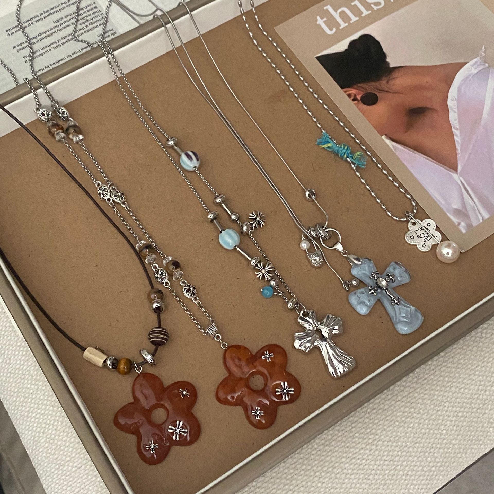 Boho Style Corss Flower Pendant Chain Necklace 6W6JNC416L