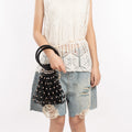 Color Contrast Hollow Hand-Woven Beaded Handbag 8BW6BBG424T