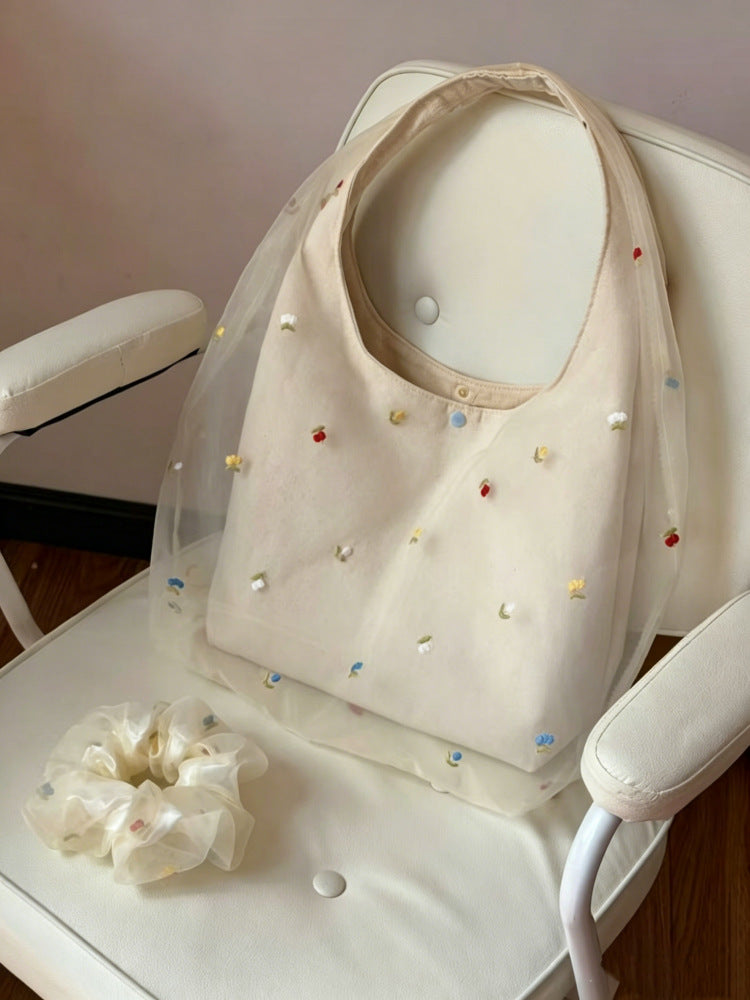 Simple Embroidery Large Capacity Mesh Shoulder Bag 8BW6BOB80L