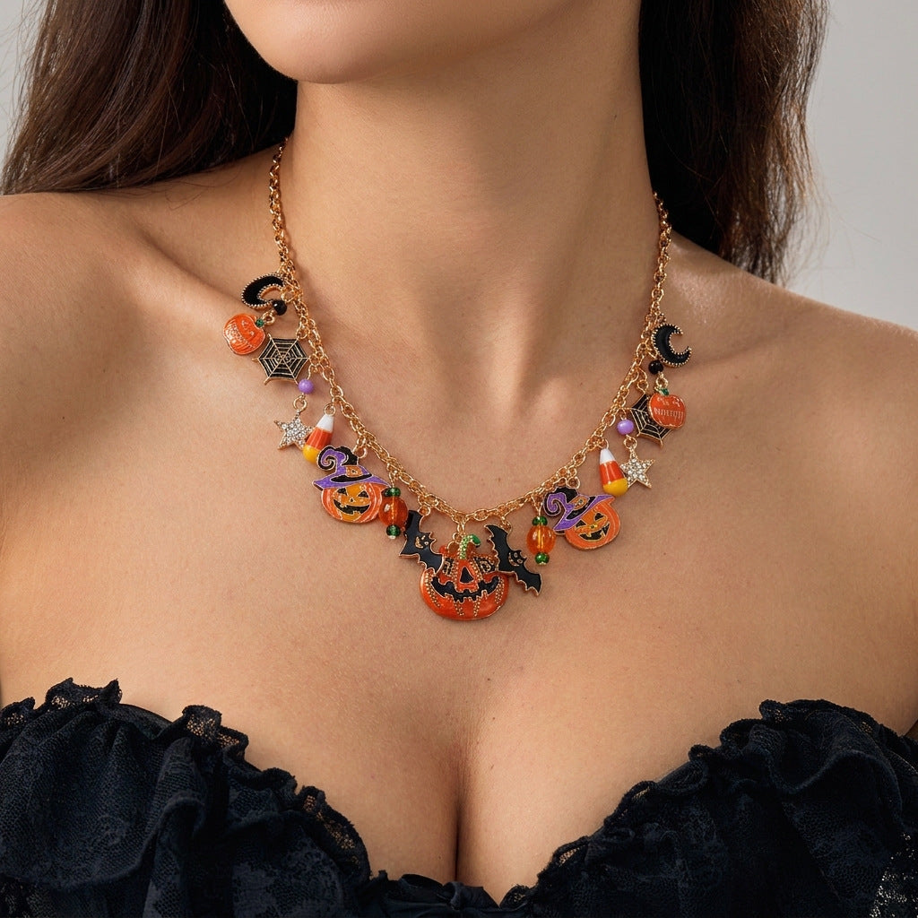Vintage Halloween Pumpkin Bat Ghost Pendant Necklace 6W6JNC607
