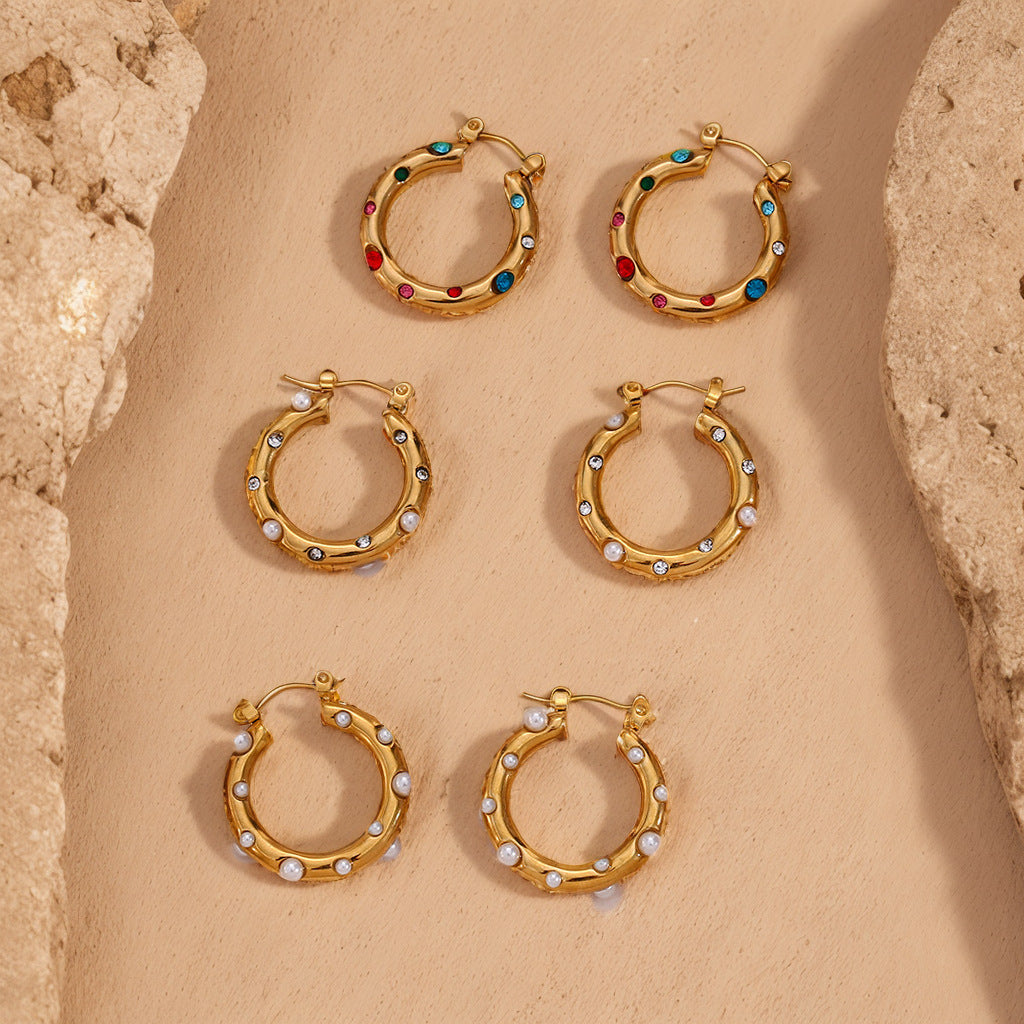 Rhinestone Pearl Hoop Earrings - DippedShop Wholesale - #3843