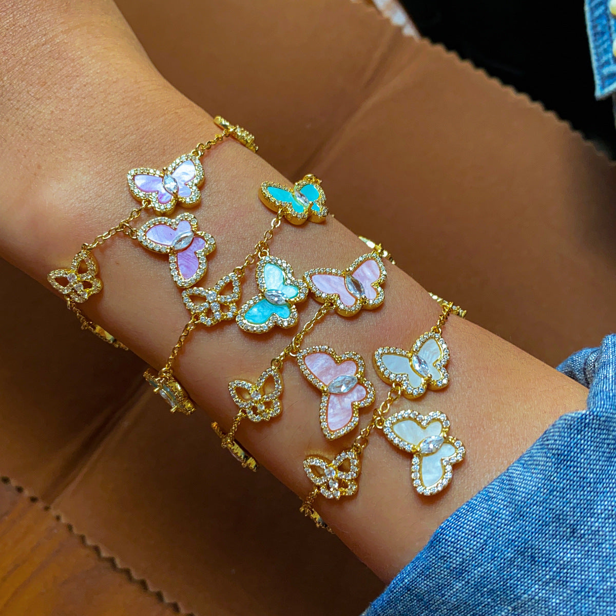 Vintage Butterfly Charm Cubic Zirconia Chain Bracelet 6W6JBR495