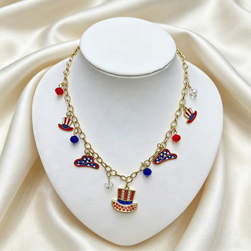 Retro USA Flag Hat Pendant Tassel Necklace 8ZA6JNC289L