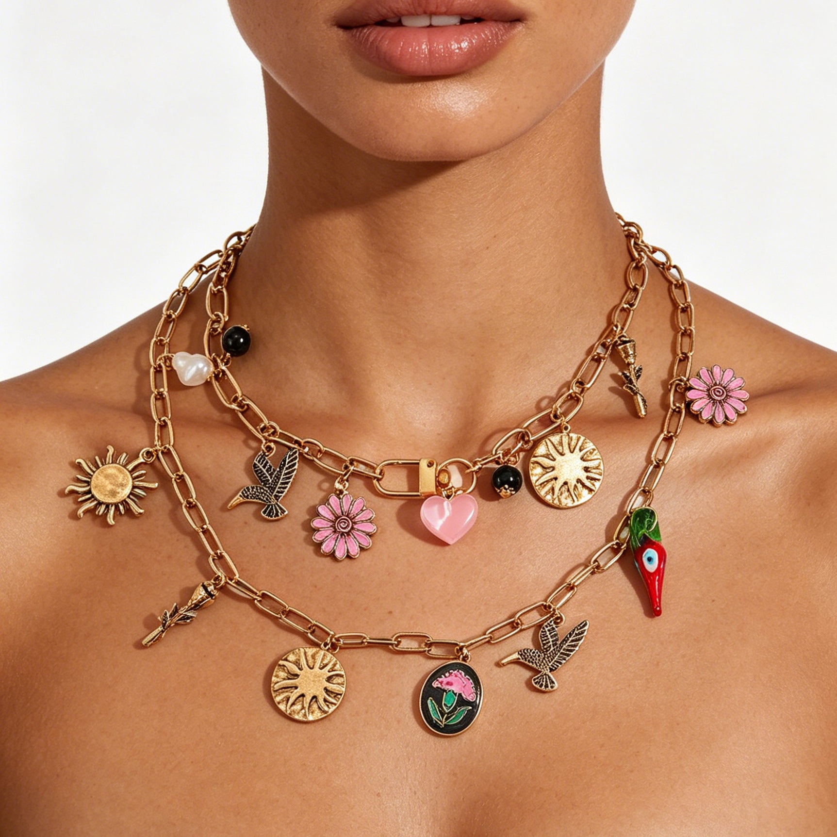 Trendy Double Layer Floral Heart Pendant Necklace 6W6JNC626