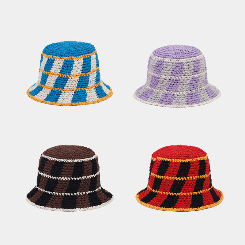 Contrast Color Plaid Casual Crochet Bucket Hat DPBH0338