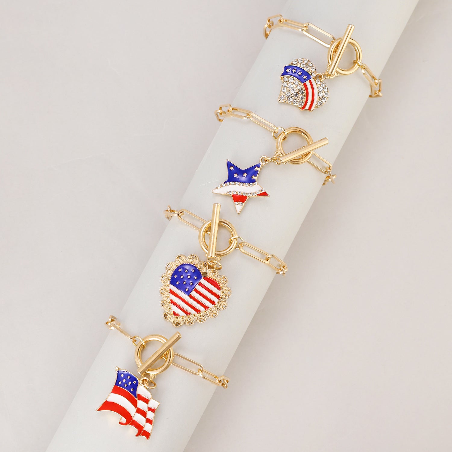Vintage Gold Plated American Flag Pendants Chain Bracelet 8ZA6JBR130T