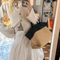 Stylish Splice Color Block Straw Woven Tote Bag 8CW6BBG529L