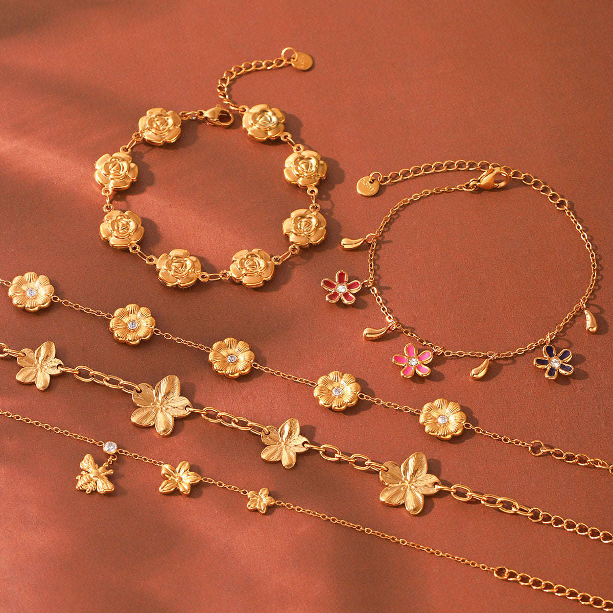 Fashion Gold Plated Rhinestone Flower Chain Bracelet 6W6JBR355