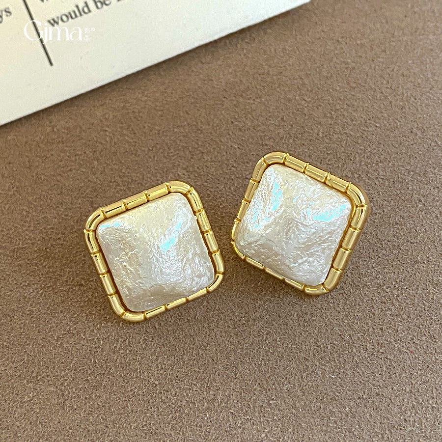 Elegant Gold Bezel Pearl Geometric Earrings 6W6JER772