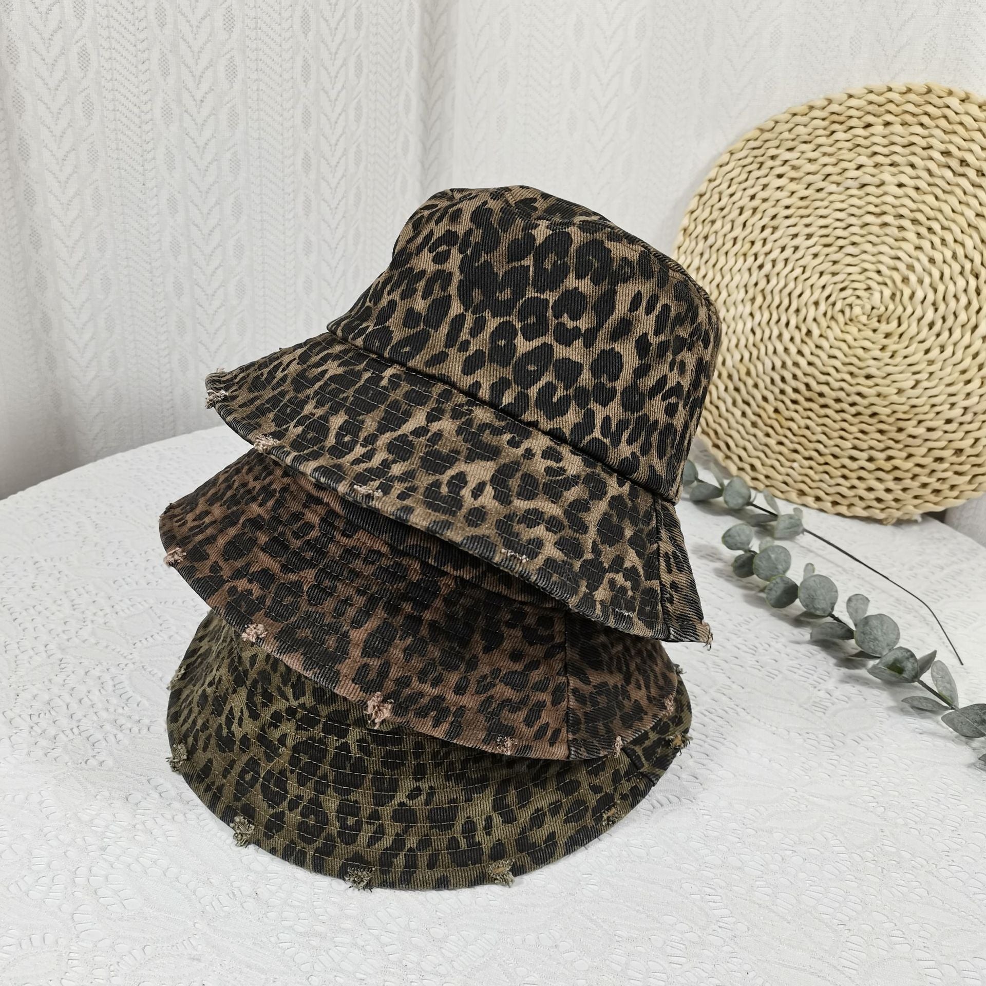 Vintage Distressed Foldable Leopard Print Bucket Hat 8BK6HAT175L