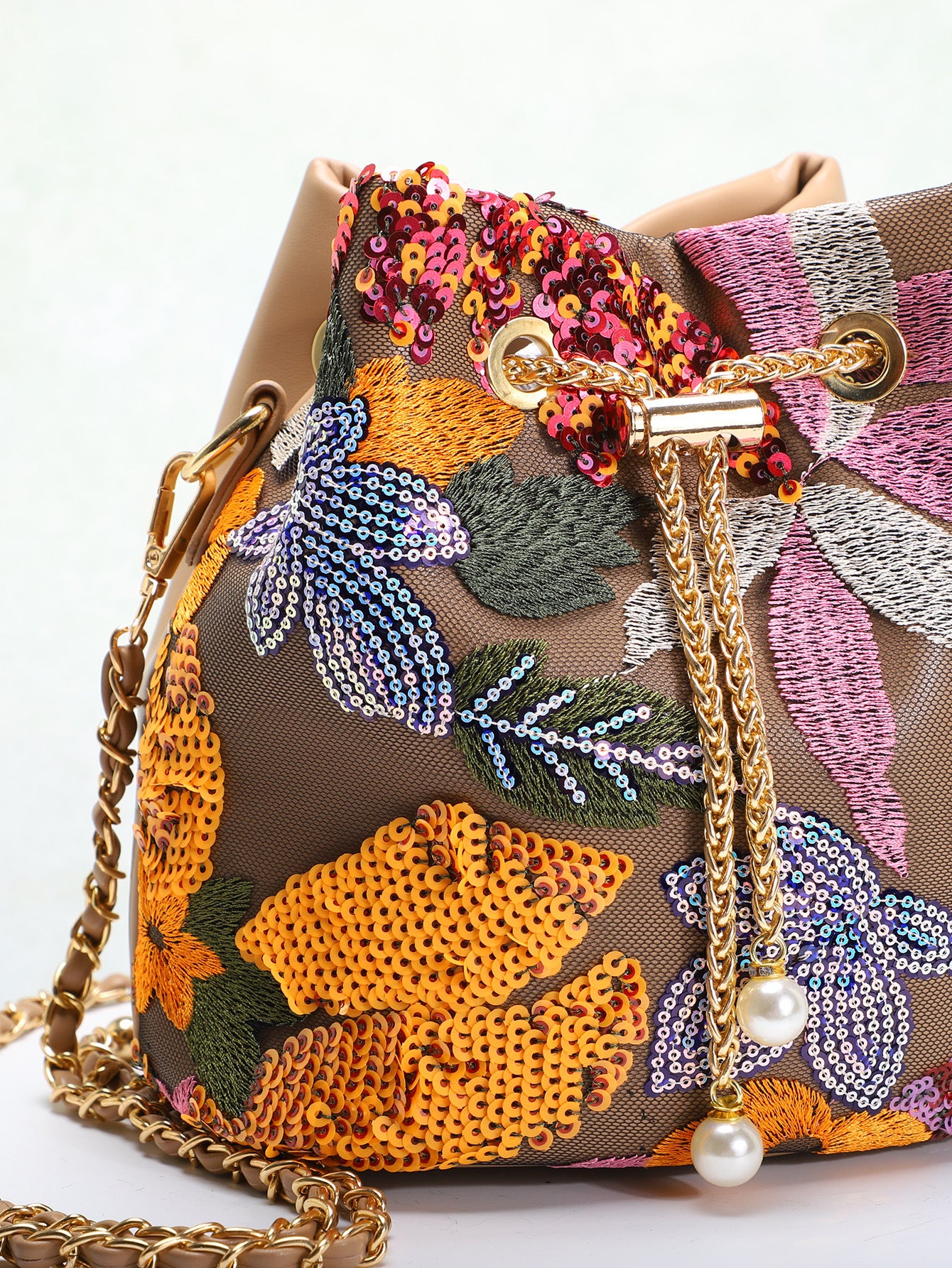 Flower Embroidery Sequin Bucket Bag - DippedShop Wholesale - #7171