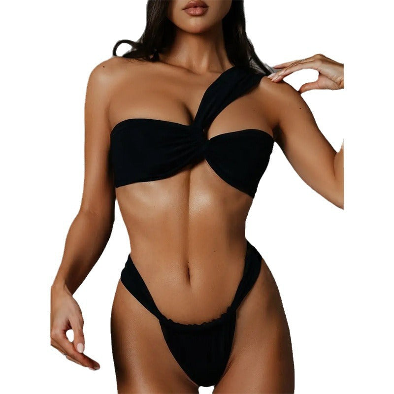 One-Shoulder Black Bandeau Bikini Swimwear DP25C548