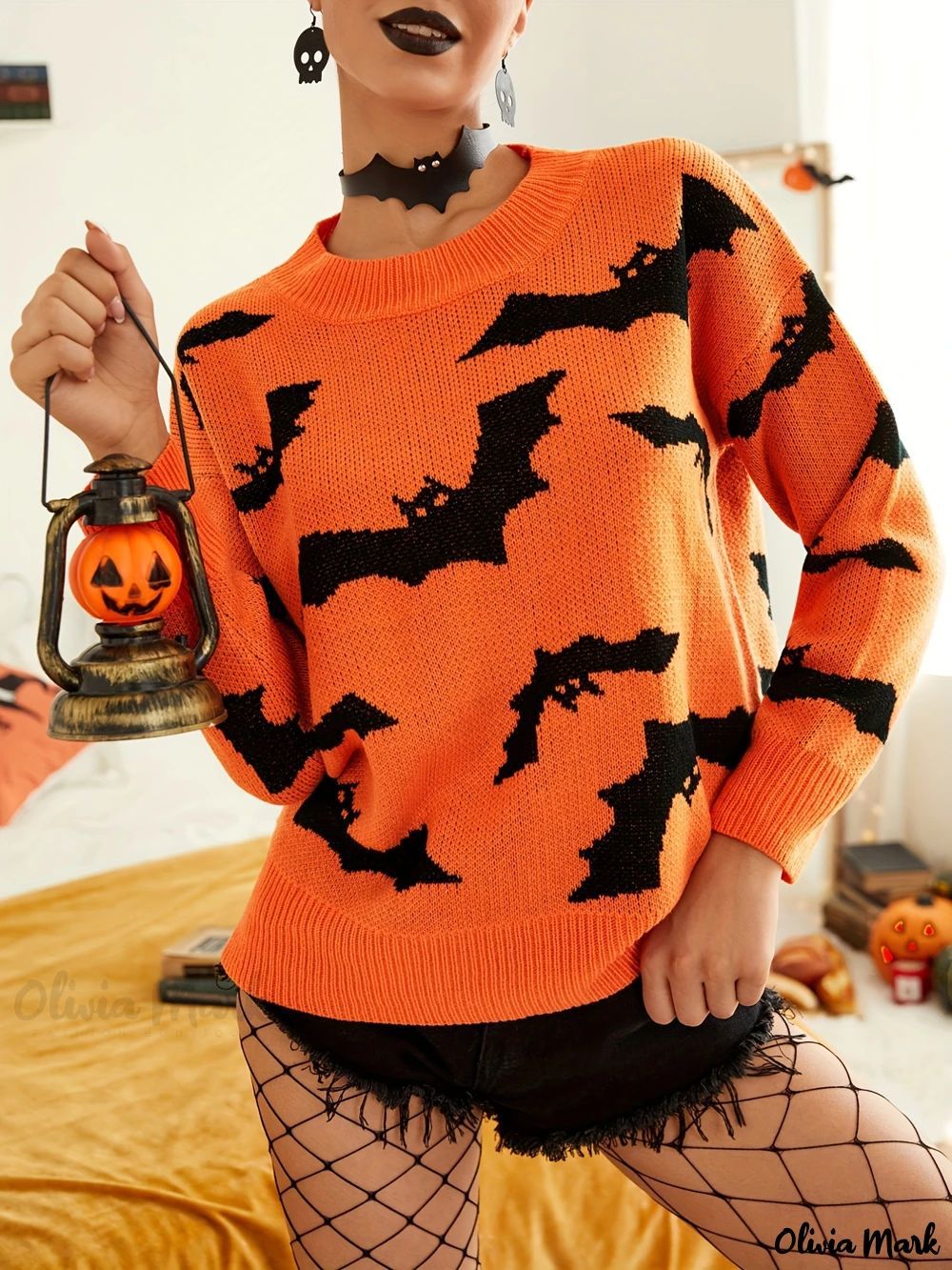 Halloween Bat Jacquard Pullover Sweater DP25G438