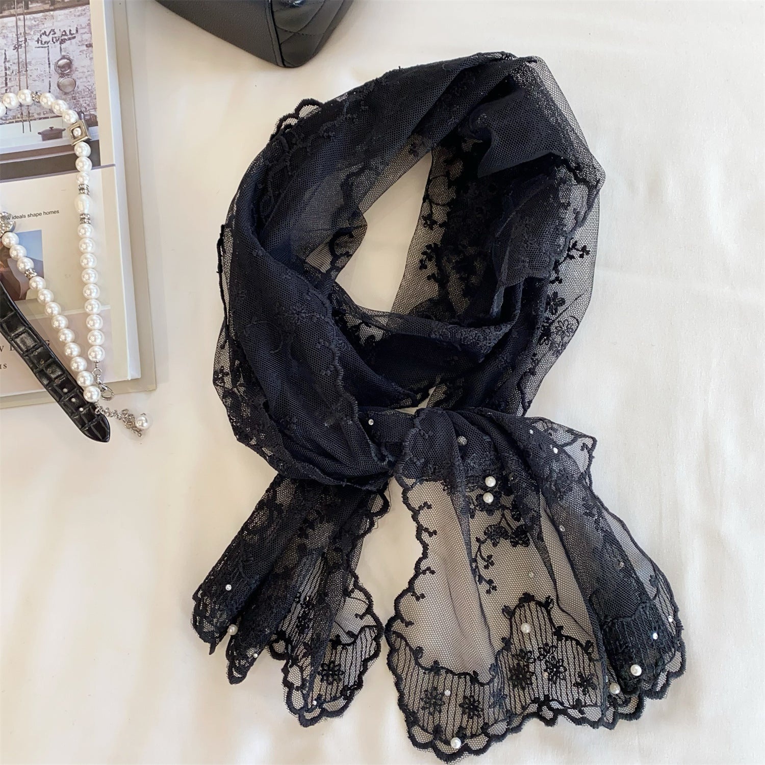 Sweet Solid Color Floral Lace Silk Scarf 6W6NSI220
