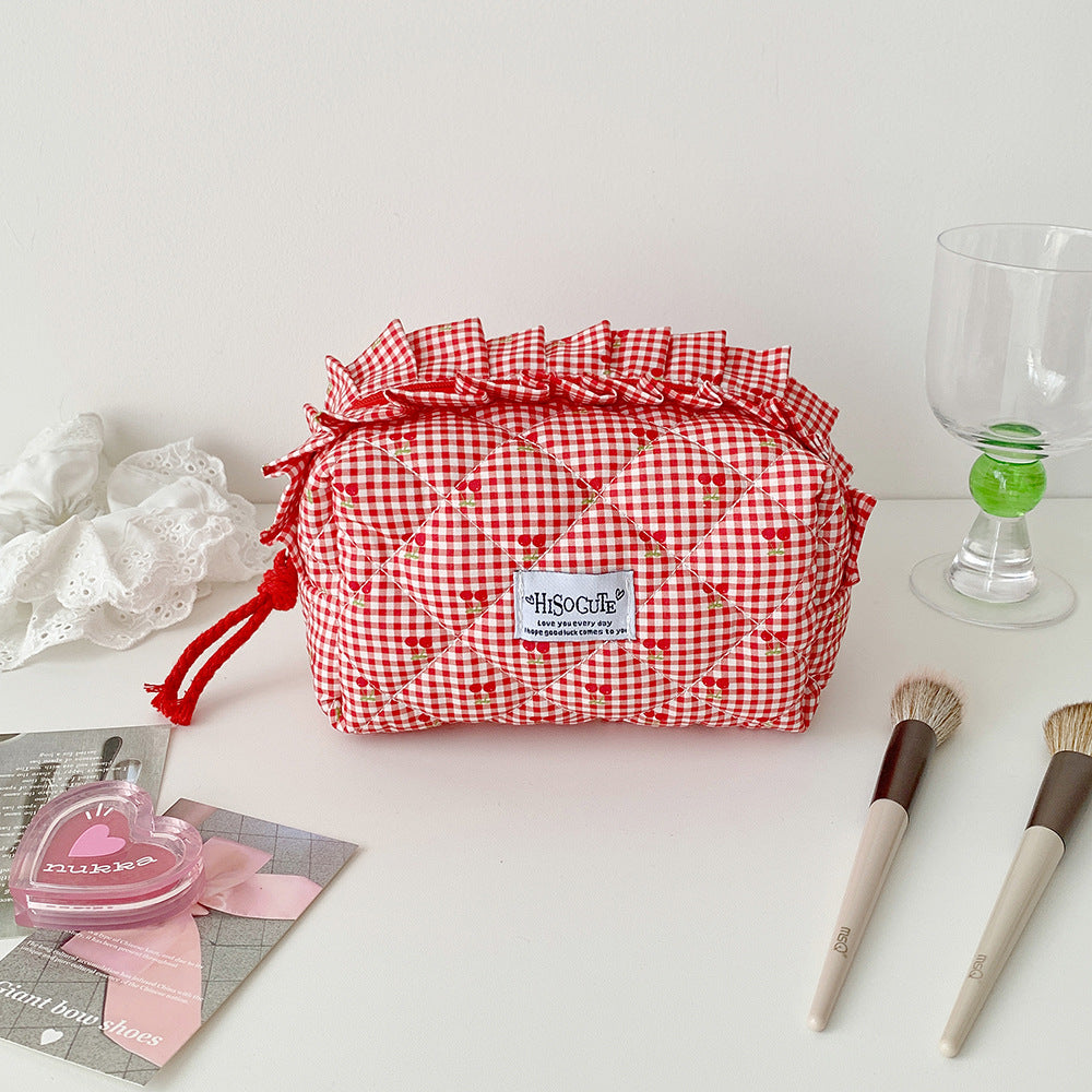 Cute Cherry Print Ruffled Quilted Cosmetic Bag 6S5CO176
