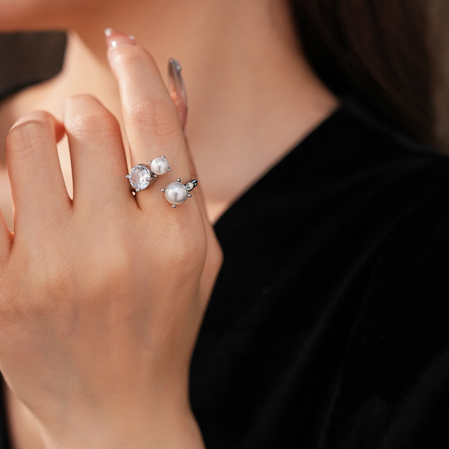 French Cubic Zirconia Pearl Irrregular Open Ring 6W6JRG369