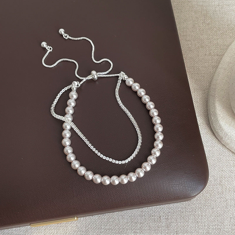 Retro Pearl Cubic Zironia Beaded Chain Bracelet 6W6JBR344