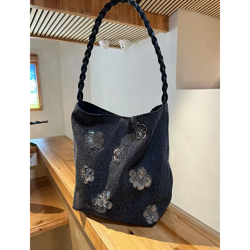 Vintage Floral Sequin Canvas Bucket Bag 6W10BBG1397