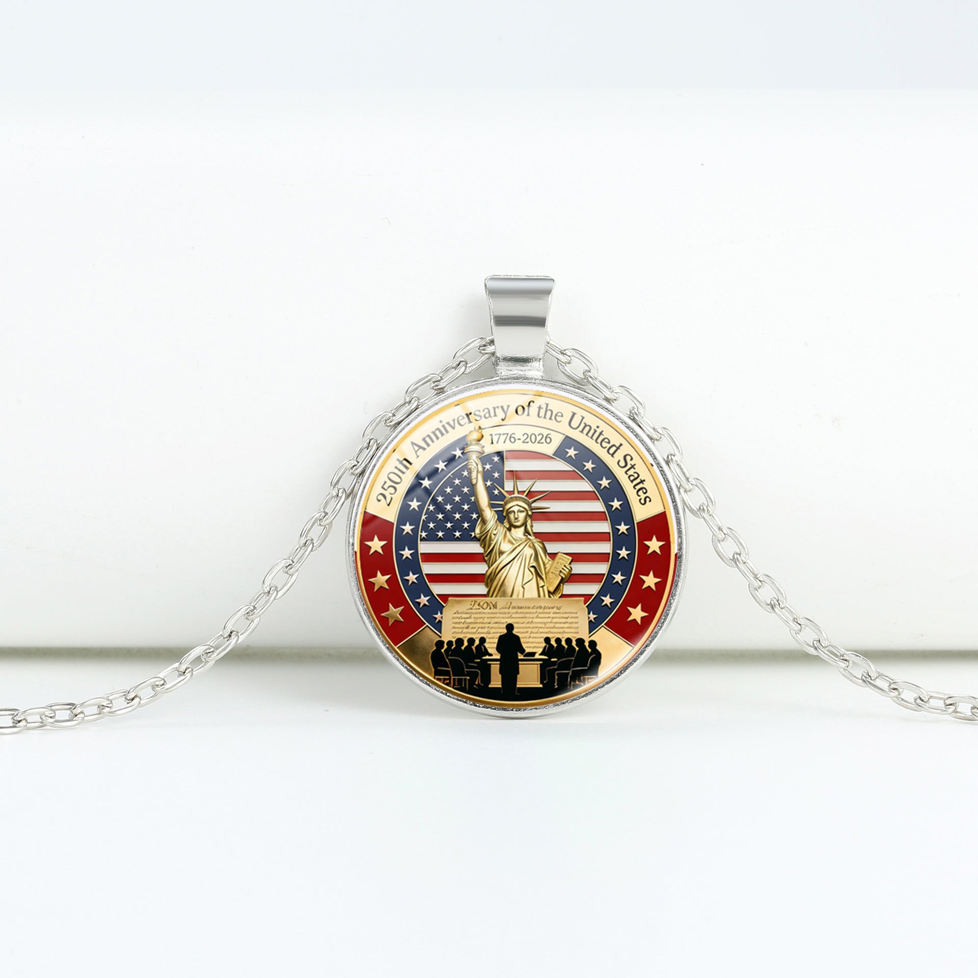 Retro USA Flag Pattern Round Pendant Chain Necklace 8ZA6JNC278T