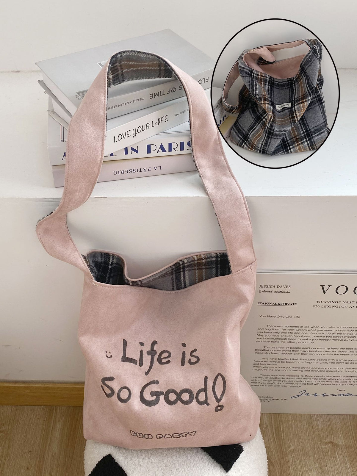 Reversible Letter Print Shoulder Bag - DippedShop Wholesale - #6067