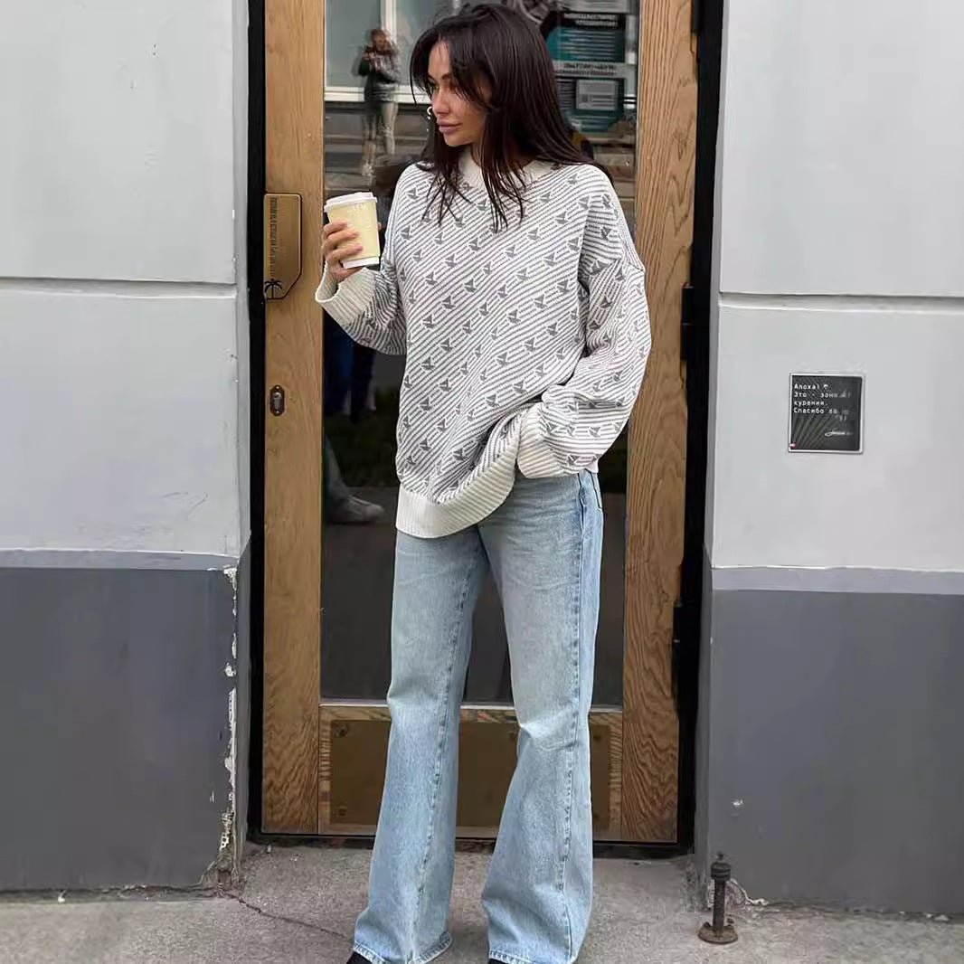 Print Contrast Loose Sweater - DippedShop Wholesale - #3171