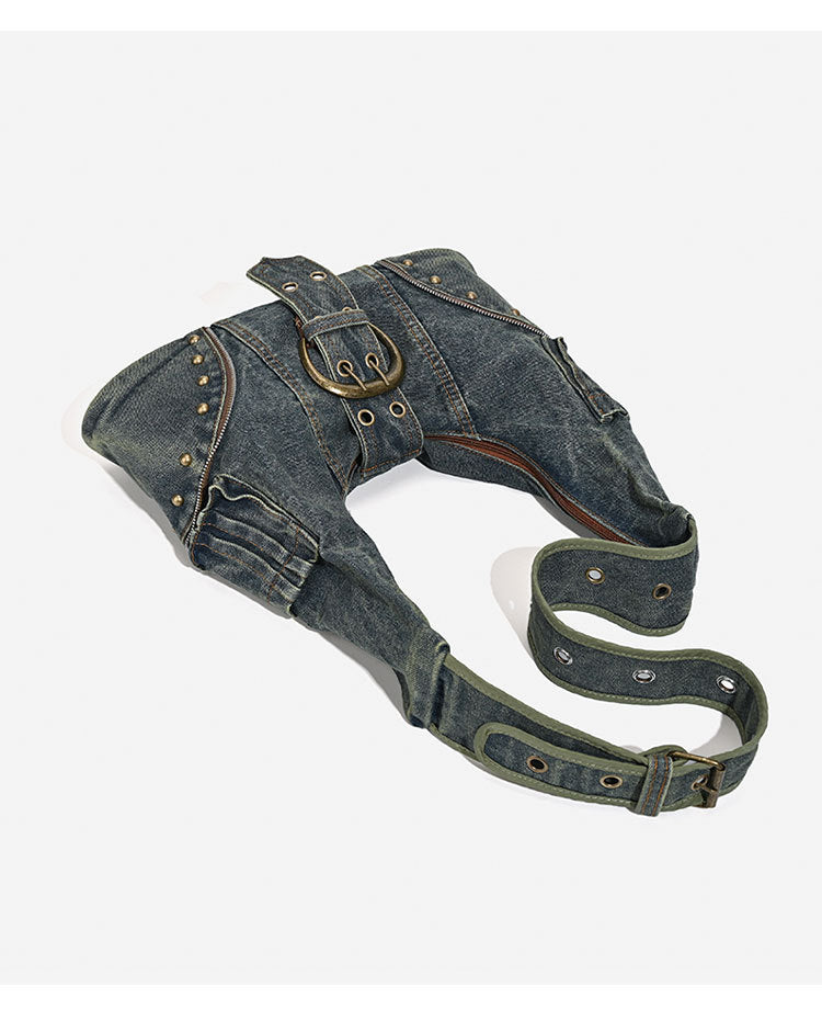 Stylish Washed Denim Stud Splice Underarm Bag 6W10BBG1339