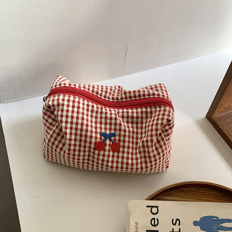 Cute Cherry Embroidery Plaid Print Makeup Bag MK2BW6S10BOB55