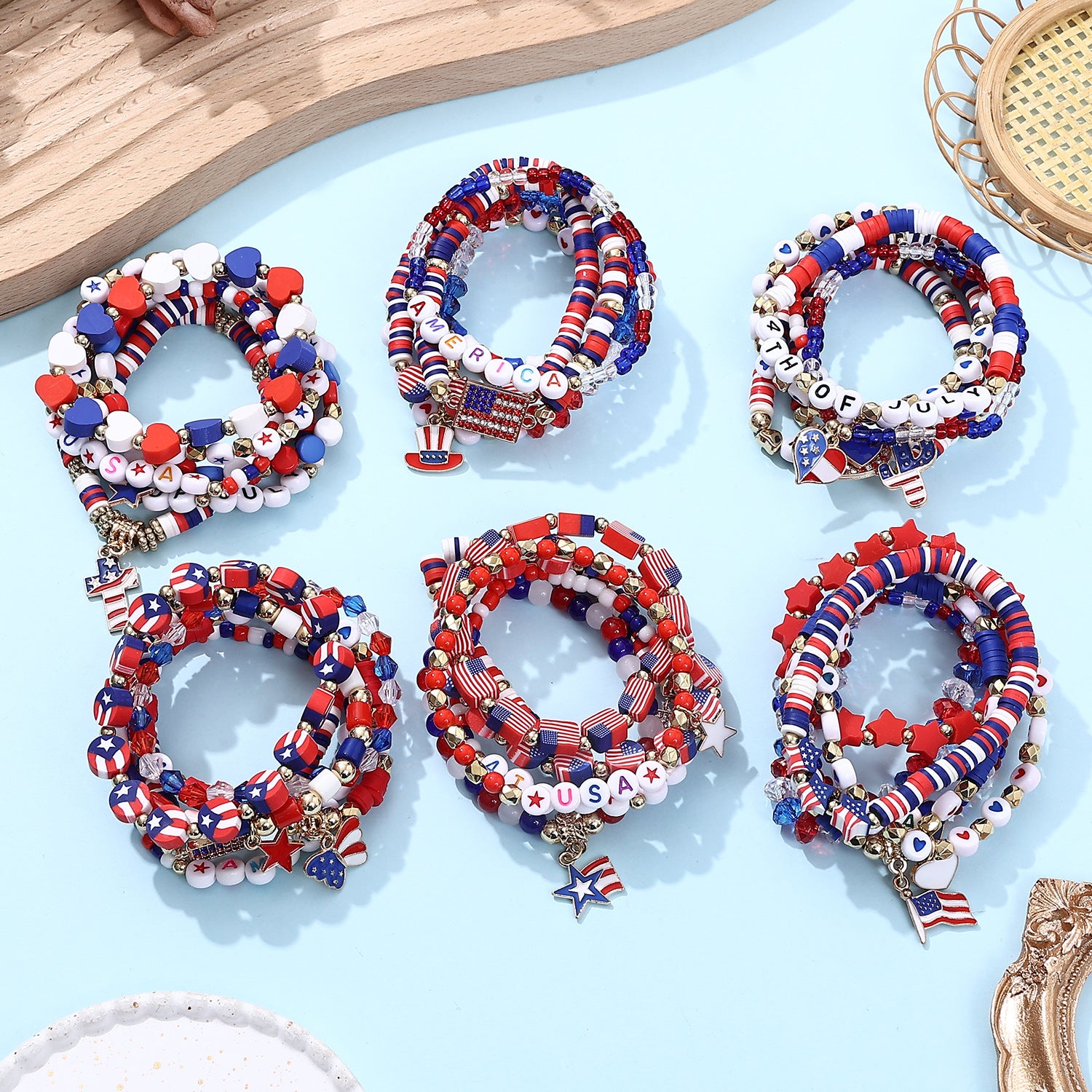 Stylish USA Flag Elastic Beaded Chain Bracelets Set 8ZA6JBR199T