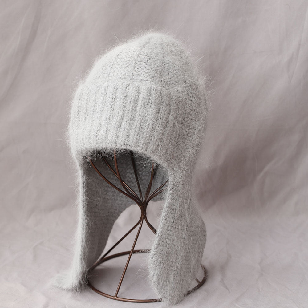 Fuzzy Angora Rabbit Fur Earflap Knit Beanie 6W6HAT691