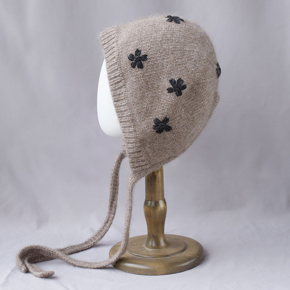 Floral Jacquard Angora Knit Bonnet With Ties 6W6HAT699