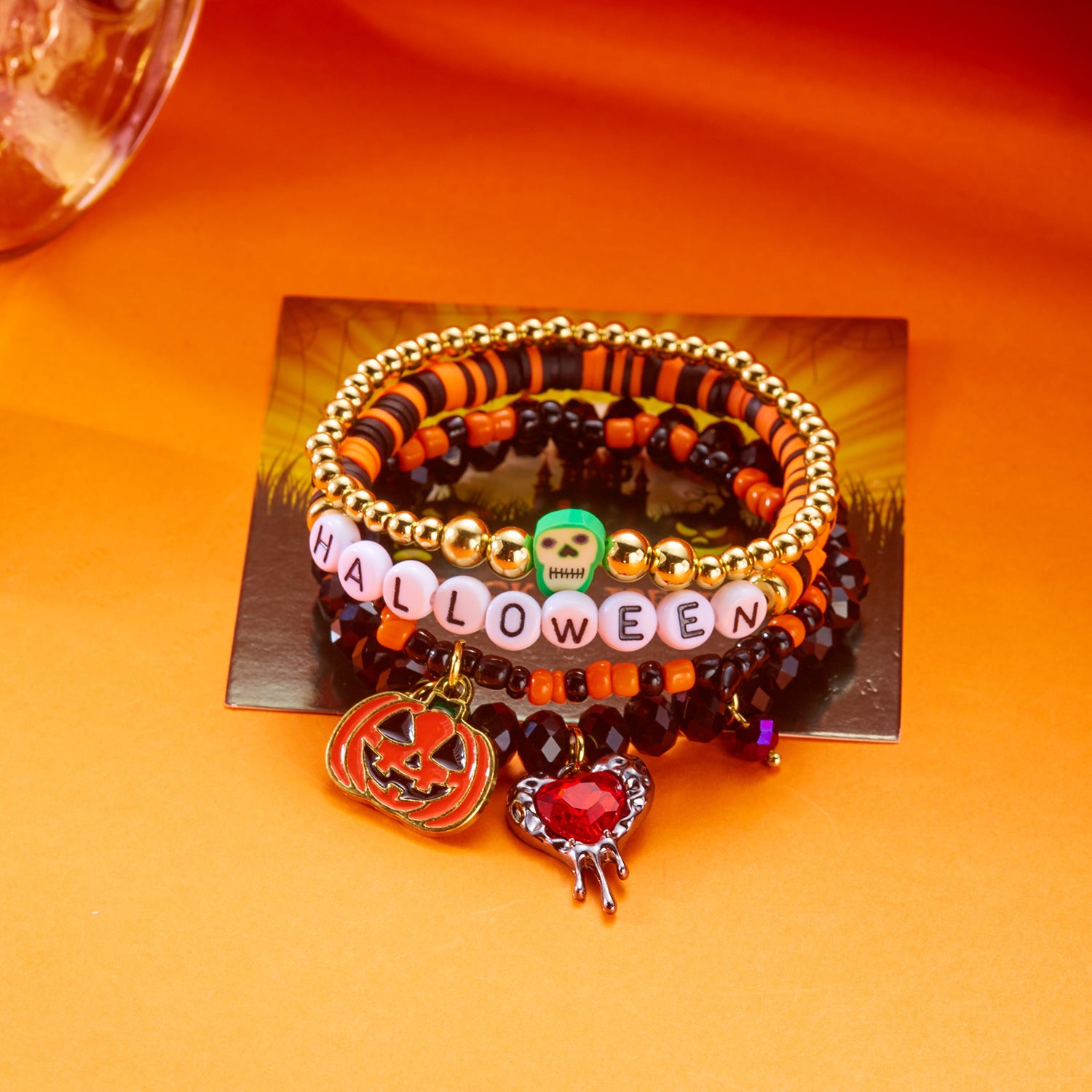 Playful Halloween Pumpkin Spider Beaded Bracelet 6W6JBR450