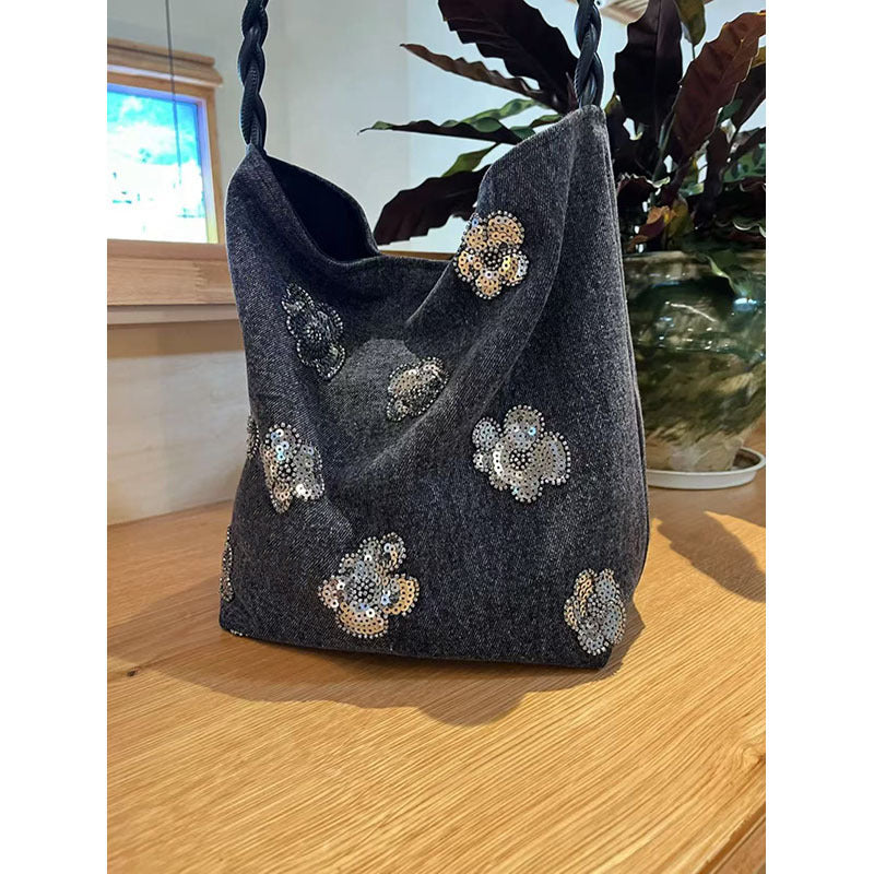 Vintage Floral Sequin Canvas Bucket Bag 6W10BBG1397