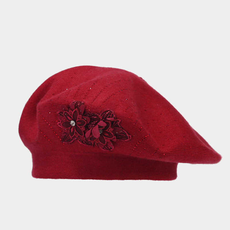 Vintage Floral Rhinestones Knit Portable Beret Cap MK2COW6W6HAT227