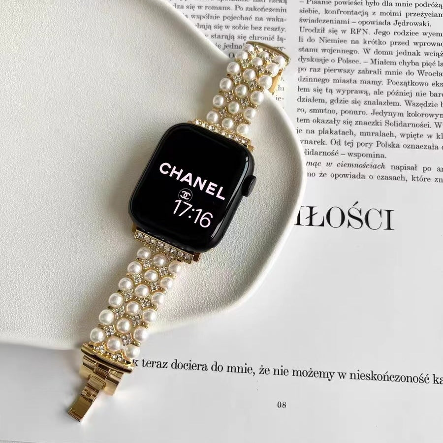 Luxury Metal Chain Pearl Rhinestones Watch Band 6W6JWA92
