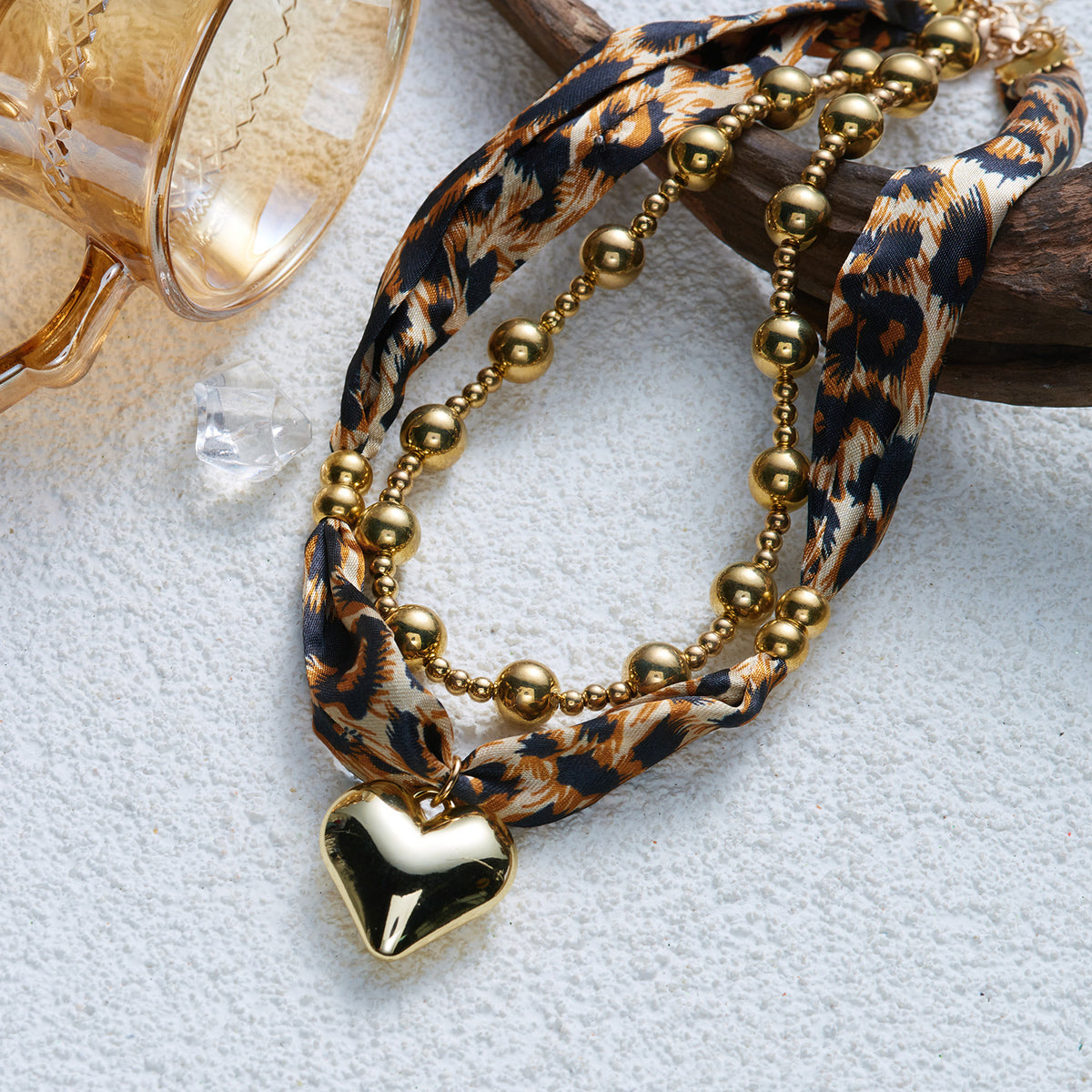2 Pcs Leopard Print Hear Pendant Scarf Necklace 6W6JNC1003