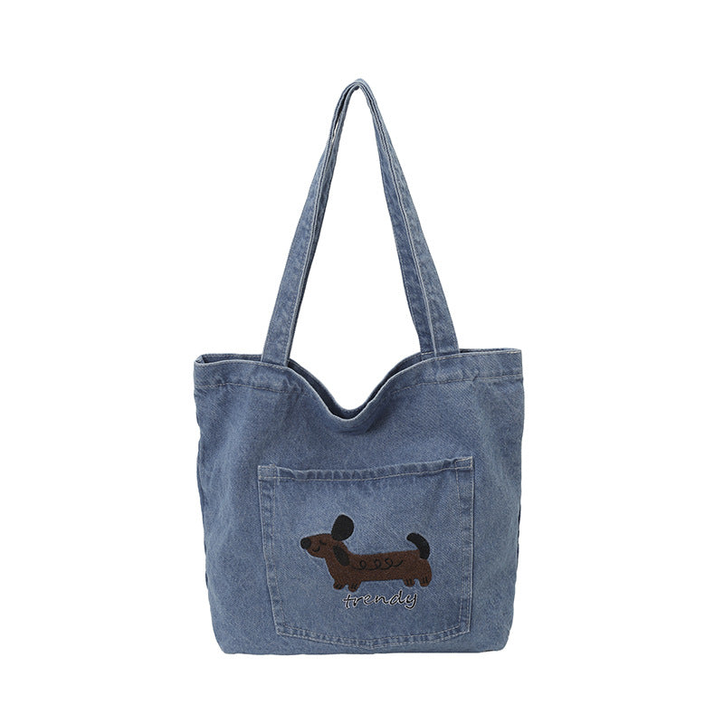 Vintage Embroidered Dog Denim Shoulder Tote Bag 6W10BBG2369