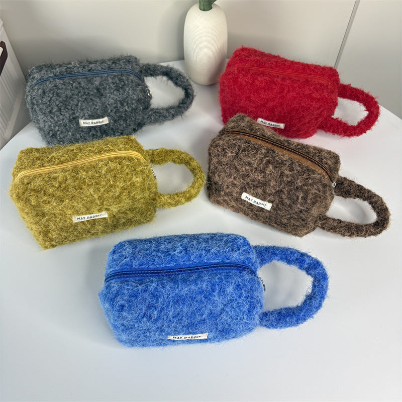 Simple Plush Solid Color Cosmetic Bag With Handle DP25H569