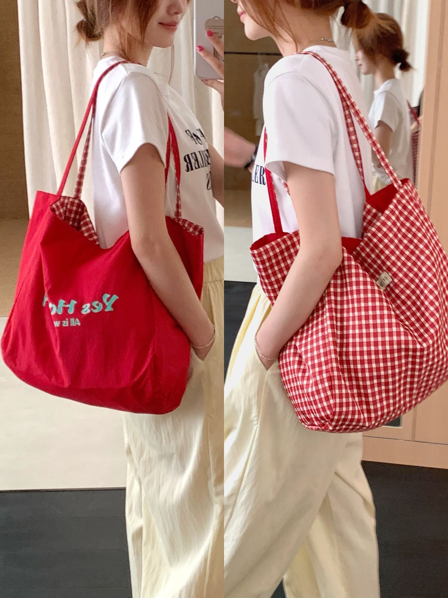 Color Block Plaid Reversible Shoulder Bag MK2BLW6W10BBG570