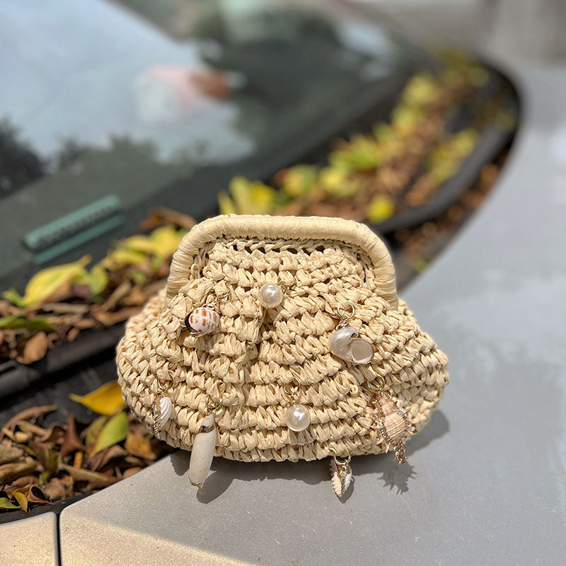 Vintage Pearl Hand Made Straw Handbag 8CW6BBG512T