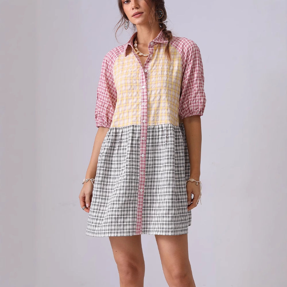 Colorful Plaid Splicing Lapel Mini Dress DP25C879