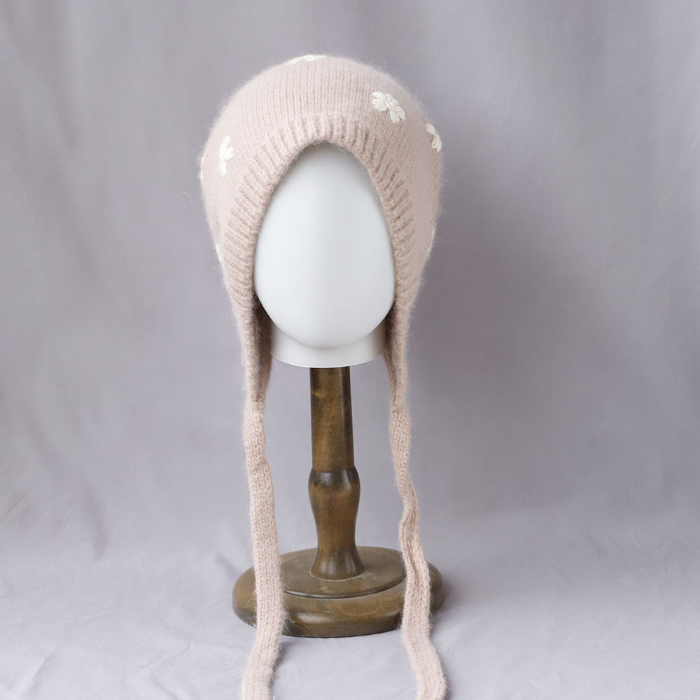 Floral Jacquard Angora Knit Bonnet With Ties 6W6HAT699