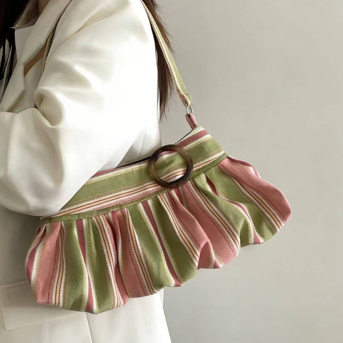 Fresh Color Block Striped Ruffled Shoulder Bag 6W10BBG1318