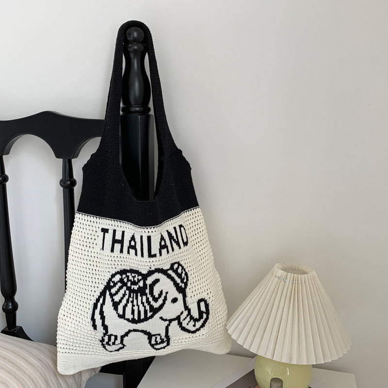 Casual Letter Elephant Knitted Shoulder Bag 6W10BBG1791