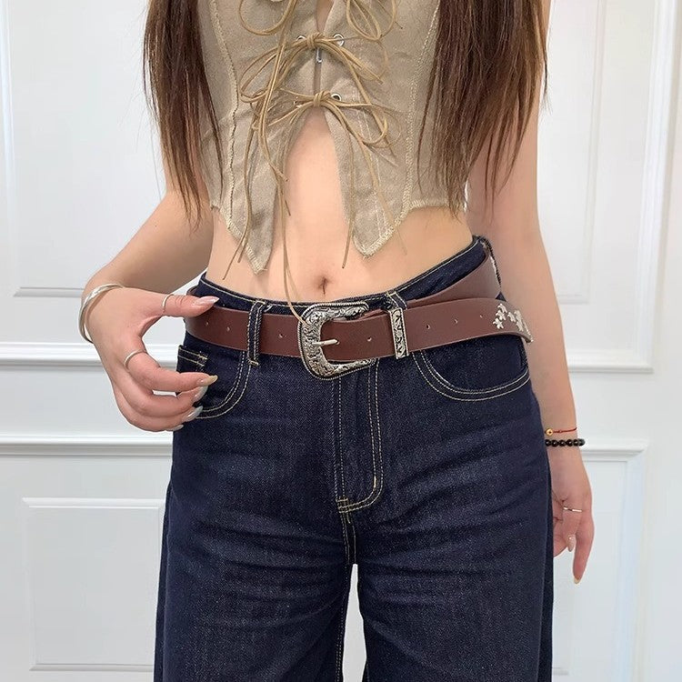 Vintage Stylish Star Rivet Wide Leather Belt 6W6JBT168