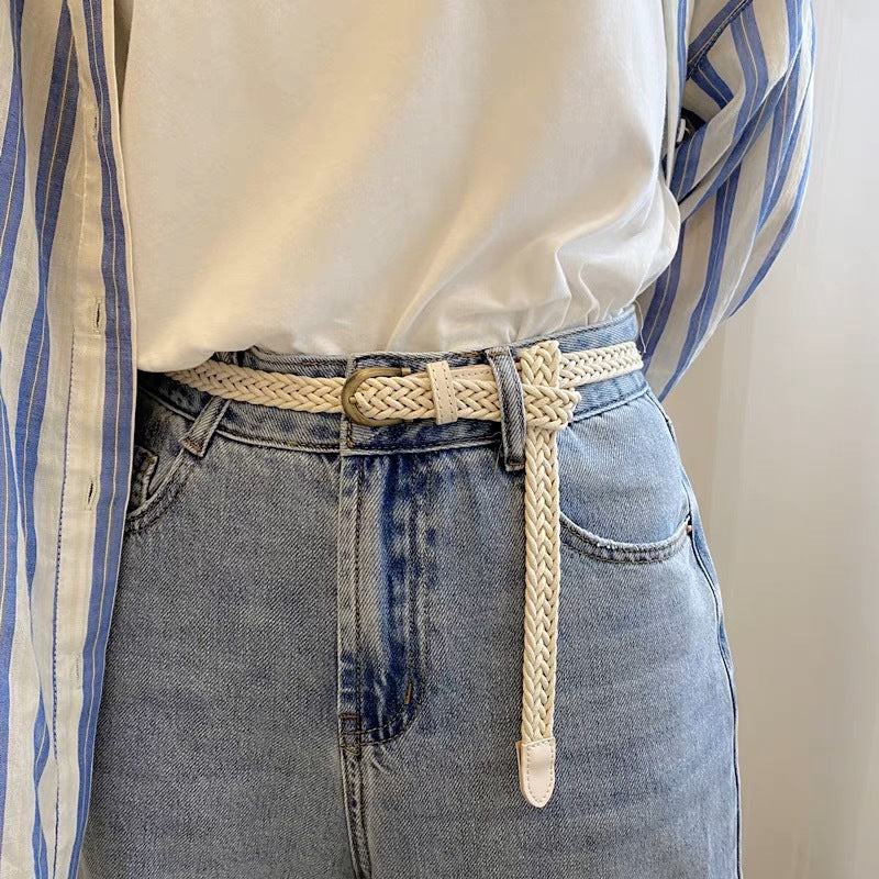 Casual Braided Woven Skinny Leather Belt 6W6JBT162