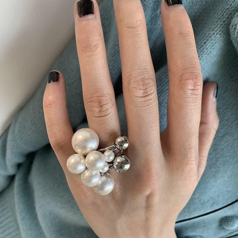 Trendy Double Layer Exaggerated Pearl Statement Ring 8ZA6JRG128L