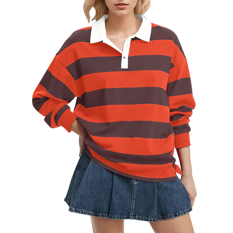 Striped Lapel Collar Long Sleeve Casual Top DP25F522