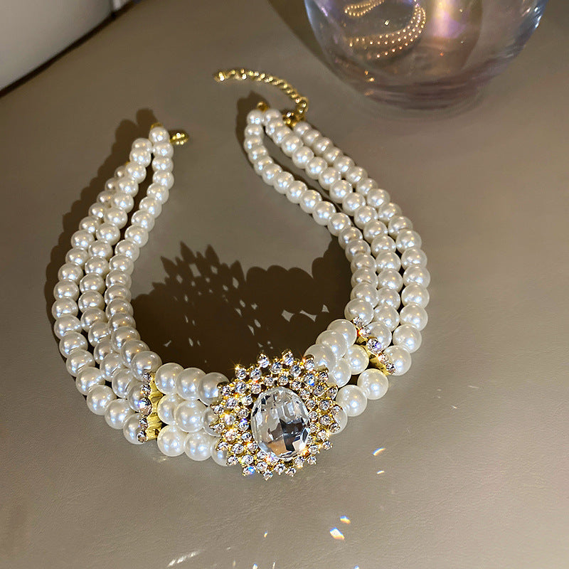 Elegant Double Layer Rhinestones Pearl Pendant Necklace 6W6JNC924